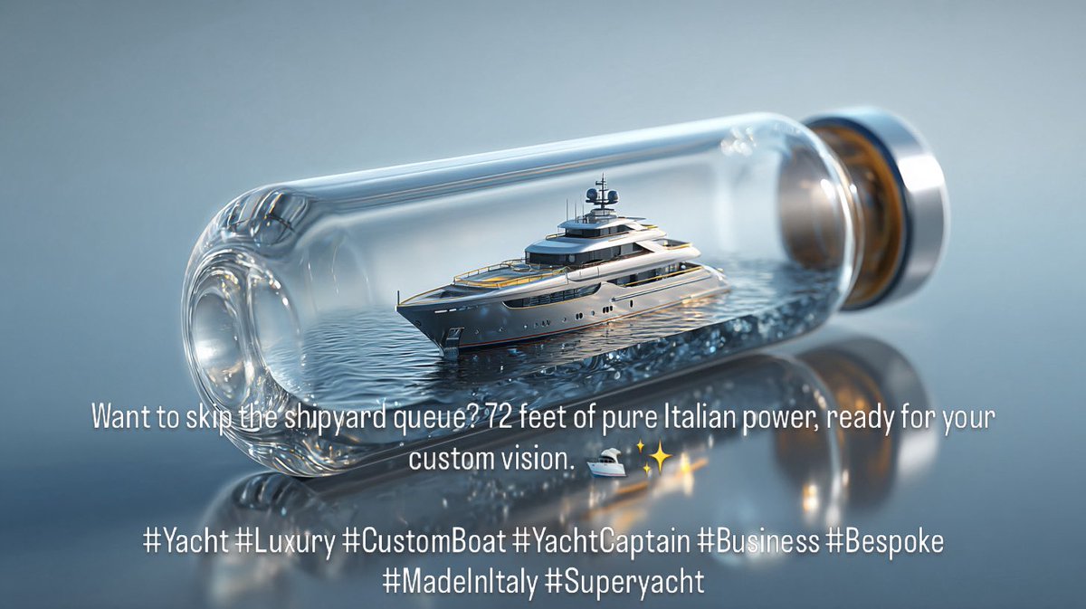 LucaP_Reyacht's tweet image. Want to skip the shipyard queue? 72 feet of pure Italian power, ready for your custom vision. 🛥️✨
#Yacht #Luxury #CustomBoat #YachtCaptain #Business #Bespoke #MadeInItaly #Superyacht