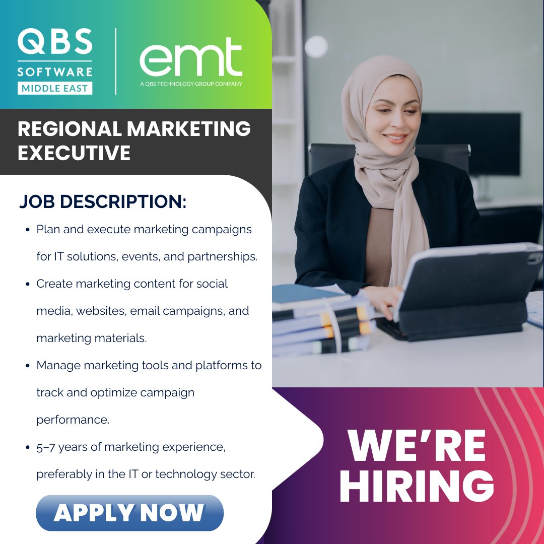 EMTMEA's tweet photo. We’re Hiring: Regional Marketing Executive - Dubai, UAE

For creative, results-driven marketer with 5–7 years of experience in digital marketing and the IT/tech sector. We want you on our team!

What you’ll do:
🔹Plan and execute marketing campaigns for IT solutions, events, and partnerships
🔹 Create impactful content for social media, websites, email campaigns, and presentations
🔹 Manage marketing tools and platforms (CRM, automation, AI, analytics) to optimize campaigns
🔹 Support branding, communications, and multi-channel marketing initiatives

Job Description:
🔹 Bachelor’s in Marketing or related field
🔹 Strong content creation and campaign management skills
🔹 Fluent in Arabic & English (French preferred)

📩 Apply now: https://t.co/7Uy3hnBJRd 
 
#MarketingJobs #DigitalMarketing #ITMarketing #CareerOpportunity #HiringNow