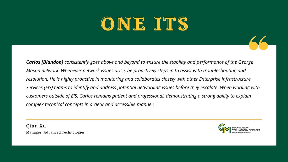 GeorgeMasonITS's tweet photo. Join us every Friday for our One ITS series 💚💛 https://t.co/cK2I4R4vvo