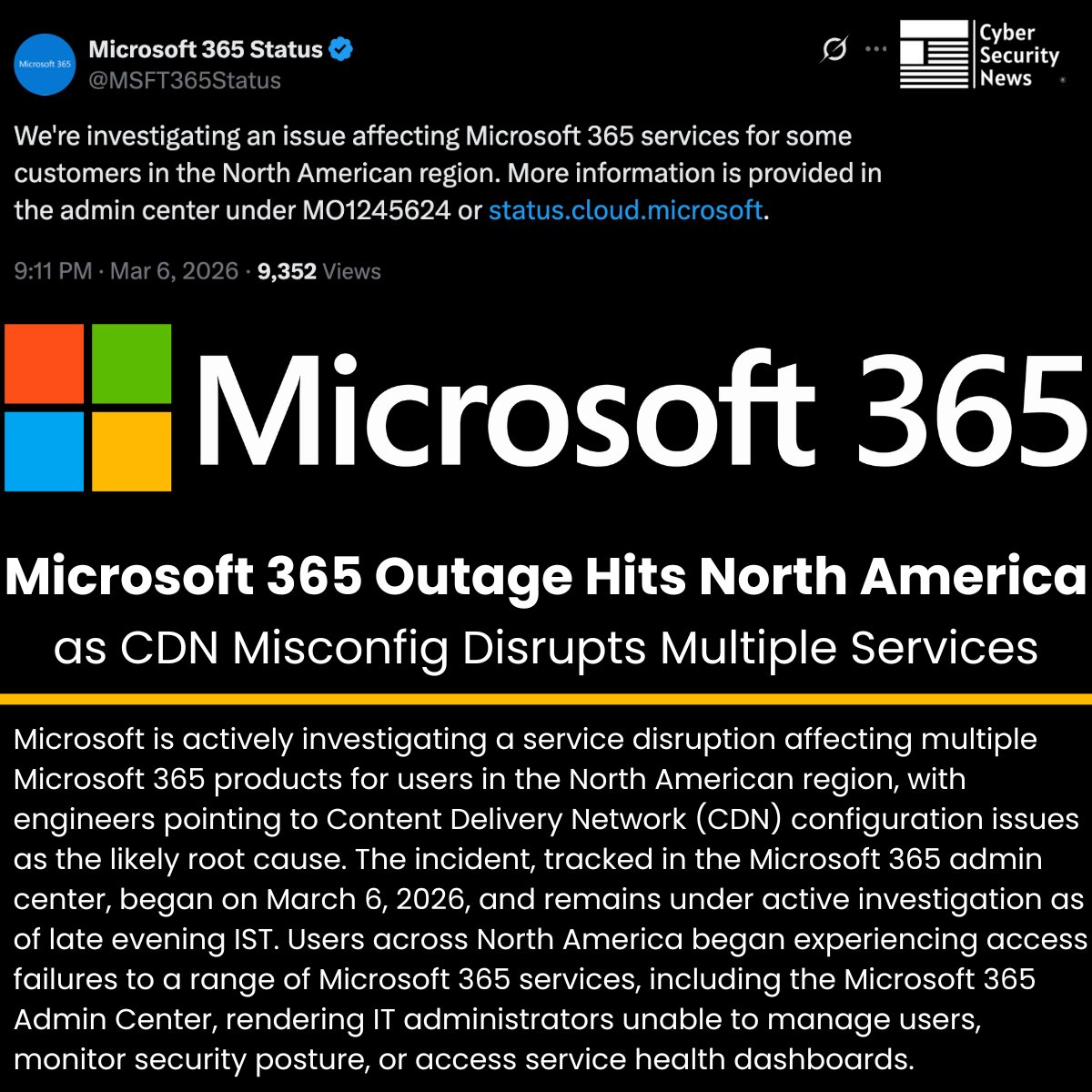🔻 Microsoft 365 Outage Hits North America as CDN Misconfig Disrupts