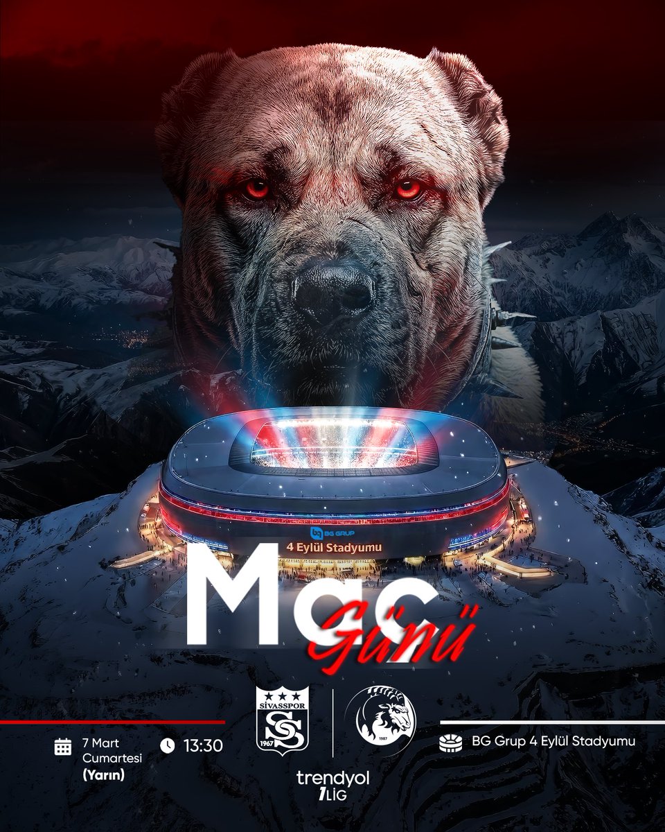 BUGÜN GÜNLERDEN SİVASSPOR! ❤️🤍

📅 7 Mart 2026
🕐 13.30
🏟️ BG Grup 4 Eylül Stadyumu

Tüm Yiğidolarımızı takımımıza destek olmak için stadyuma bekliyoruz!

📲 #SVSvAKG | #GösterGücünü