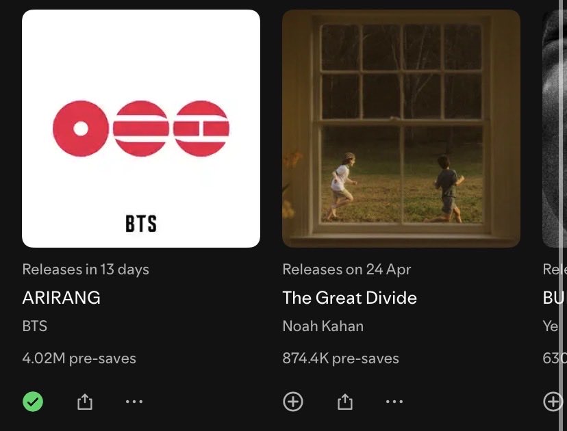 حقق البوم Arirang اكثر من 4 مليون حفظ مسبق 😭🔥 الفكة من رقم 3 اخيرًاااا😭😭😭😭

 ناقصنا 1.8 مليون لنكسر الريكورد خلال 13 يوم اذا امكن 🙏🏻