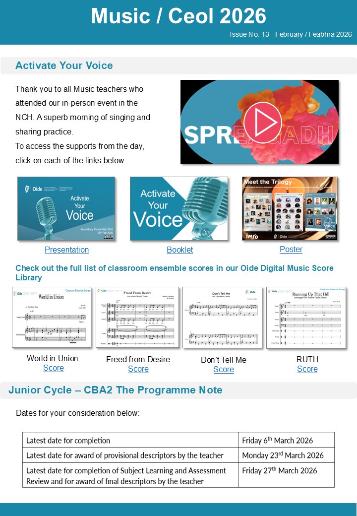 Oide_Music's tweet photo. Are you on our Mailing List...? https://t.co/rYkRE0X3Xa

Our latest edition is bursting with supports for Activate Your Voice, CBA2 The Programme Note, International Women's and St Patrick's Day. 

Is iomaí acmhainn iontach atá le fáil ar... https://t.co/J9PPslWhFq
@oide_Ireland https://t.co/DIxMZL8UoC