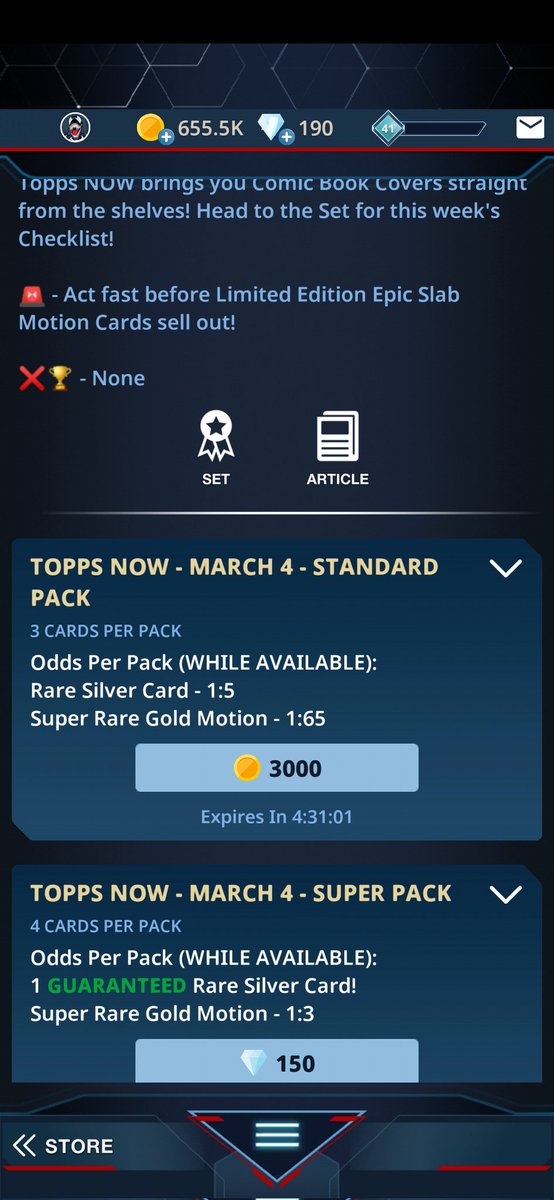 meece_bill's tweet photo. Topps Collect tells me this says you have a 1 in 5 pack chance I don't see anything telling me its a chance it saying you will get one it shouldn't take me 60k in coins to get one rare #toppsnow #Topps Collect #robbery https://t.co/Jmsn6Jb6WU