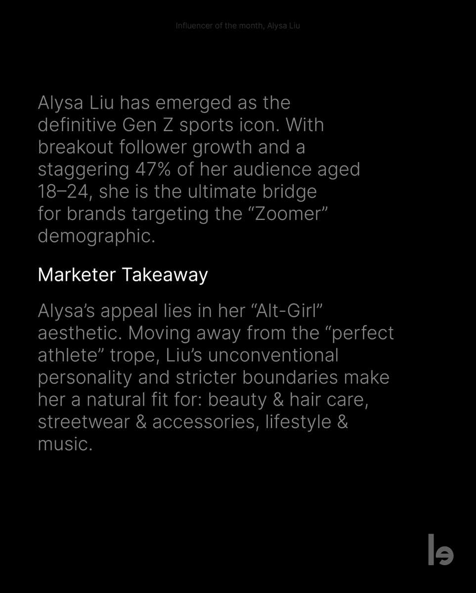 lefty_io's tweet photo. With her 2026 Olympic gold medal and breakout follower growth (jumping from 210k to over 5 million in weeks), Alysa Liu has become the ultimate Gen Z sports icon.

She is a gold mine for brands: 47% of her audience is aged 18–24, offering a direct bridge to the “Zoomer” demographic. Her appeal lies in her “Alt-Girl” aesthetic—an authentic mix of bold “raccoon” eyeliner, DIY “halo” hair, and a “smiley” piercing. By ditching the “perfect athlete” trope for stricter boundaries and a hyperpop-infused lifestyle, she is the perfect face for:

🧴Beauty & Hair Care: For her signature experimental and “unfiltered” looks.

🛹Streetwear & Accessories: Blending Olympic status with an edgy, underground vibe.

🎧Food, Beverage & Music: Aligning with her low-stakes, authentic “inner peace” energy.

#alysaliu #okympics #samsung #samsungmobile #nike #gillettevenus #pg