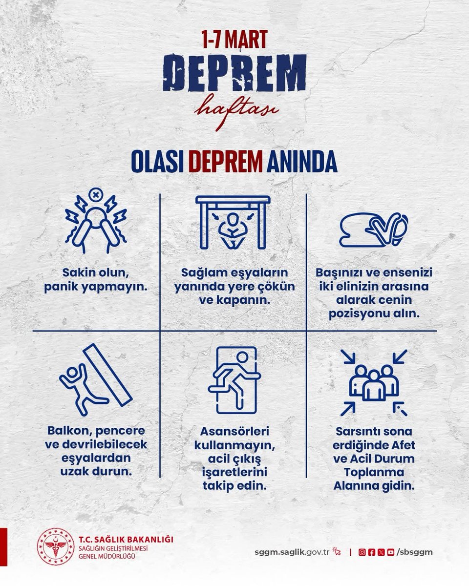 Olası depremler için tedbir almak ve bilinçli olmak hayat kurtarır.

#SağlıklıTürkiyeYüzyılı
#SağlığıGeliştirenTürkiye
#DepremHaftası