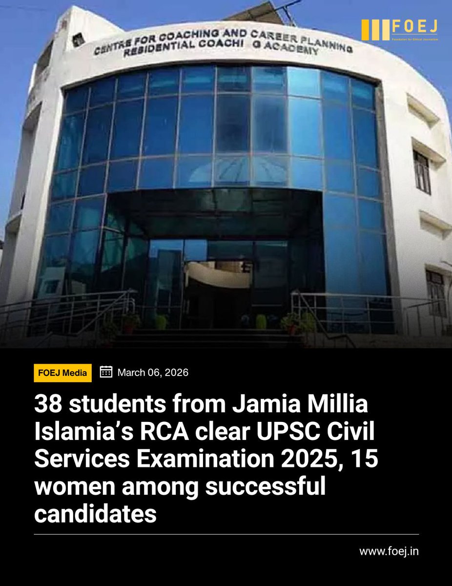 FoejMedia's tweet photo. The Jamia Millia Islamia’s Residential Coaching Academy (RCA) recorded a major success in the UPSC Civil Services Examination 2025, with 38 candidates qualifying, including 15 women. Four candidates secured top 50 ranks, at All India Ranks 7, 14, 24 and 29. Vice-Chancellor Mazhar Asif and Registrar Md. Mahtab Alam Rizvi congratulated the students and faculty, while RCA in-charge Samina Bano credited the achievement to students’ hard work and strong institutional support.