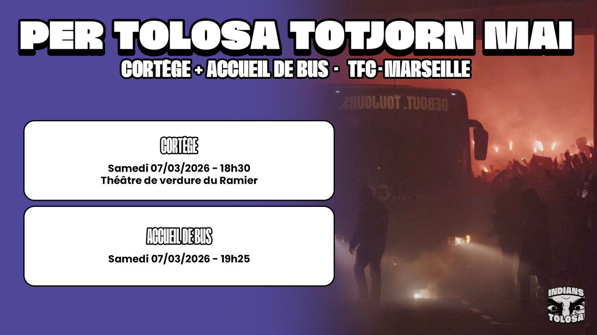 Peuple violet, notre saison a basculé dans une autre dimension. Pour féliciter nos joueurs et lancer définitivement l’objectif Coupe de France, on met le paquet samedi.

Départ du cortège à 18h30 au Théâtre de Verdure du Ramier

 Accueil de bus à 19h25 sous le pont du Stadium