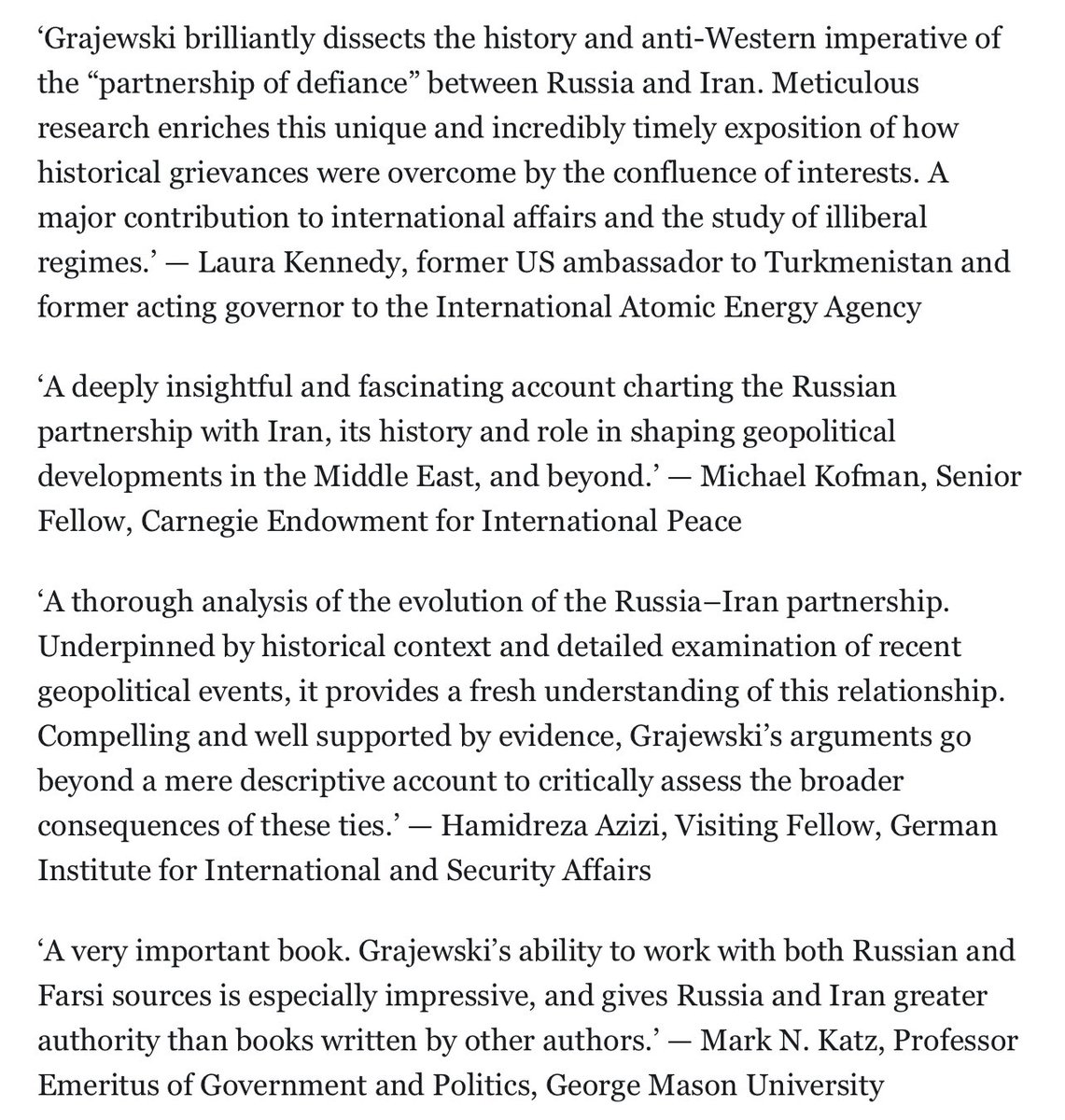 For those interested in the evolution of Russia-Iran relations, my book comes out next month. 

DM if you’re interested in an advanced copy and I can put you in touch with my publisher. hurstpublishers.com/book/russia-an…