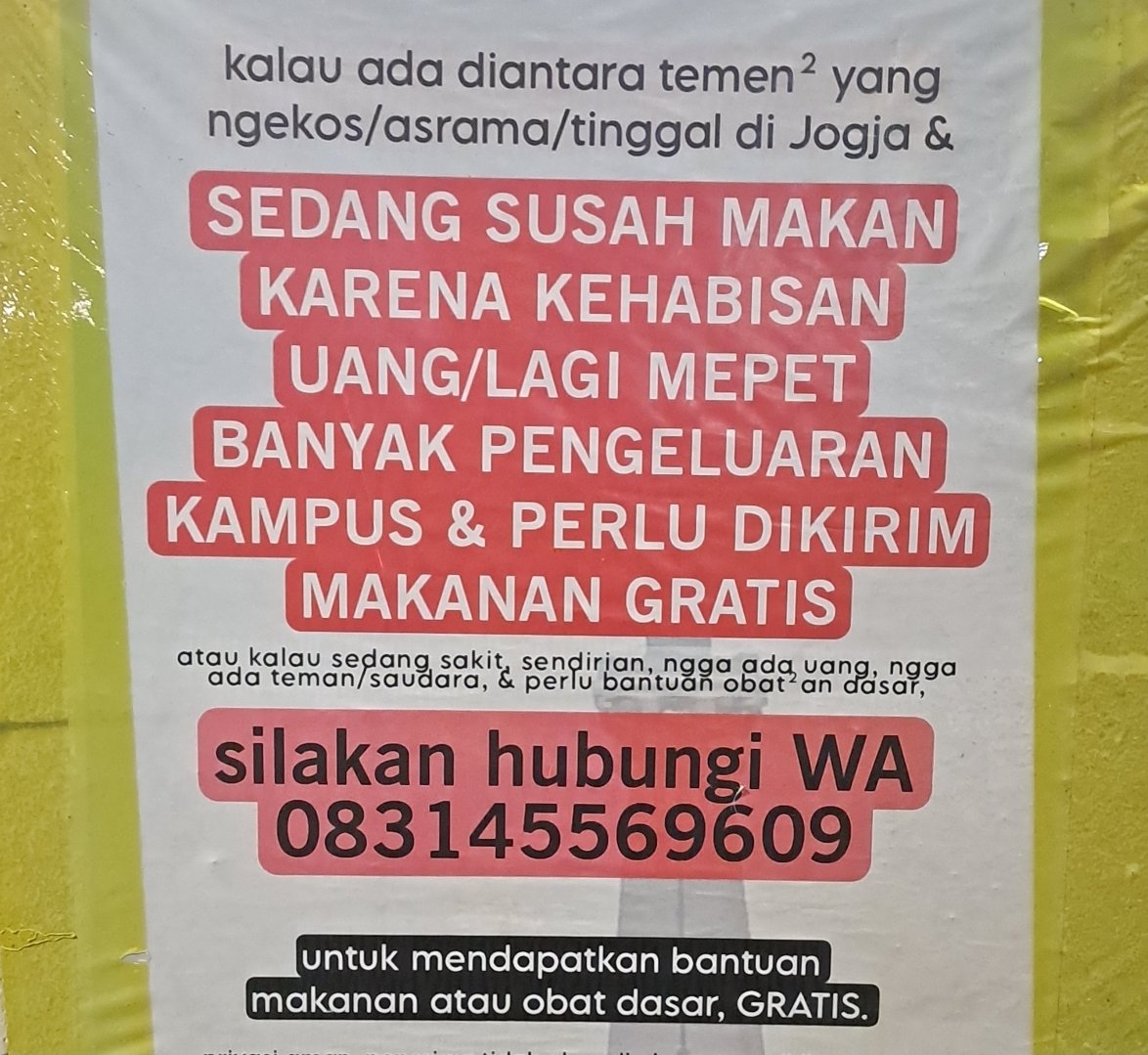 nasidaruratJogj's tweet photo. Tp ya, yg kaya gitu tadi cuma 1 2 aja.... masih lebih banyak yg ngasih kabar baik setelah dibantu 🫶

Minta tolong share yak lintas platform gapapa grup WA kampus, WA kerjaan, grup FB, dll. 

mimin yakin masih ada saja temen² angkatan baru & yg temen² yg baru tinggal di Jogja tahun ini & belum tau ada perbantuan dari nasi drrt jogja kalau pas perlu bantuan kiriman makanan gratis 🙏
