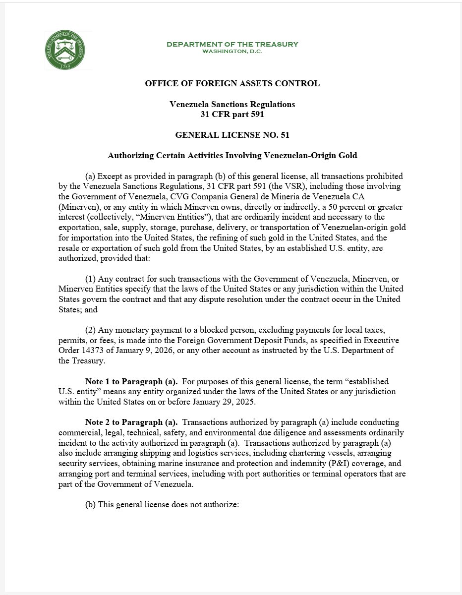 OFAC issued a new license (GL51) for the gold sector. As expected, it follows the pattern of the "regulatory sanitarion room" that I have explained. 

To properly implement this license, it will be necessary to reform the gold regulation. 

More soon.
