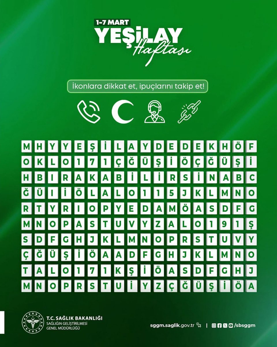 Bu kelime avında bağımlılıklardan çıkış yolları var.

Dikkatle bakın; mesajları bulun, yorumunuzu bırakın. 🔍

#SağlıklıTürkiyeYüzyılı
#SağlığıGeliştirenTürkiye
#DumansızTürkiye
#YeşilayHaftası