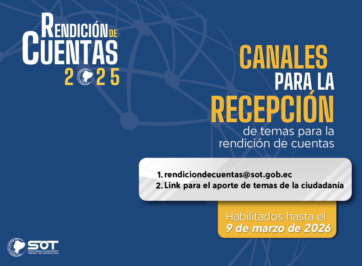 #RendiciónDeCuentas2025 | Con el fin de fortalecer la transparencia y asegurar un proceso abierto y accesible para todos, la Superintendencia de Ordenamiento Territorial, Uso y Gestión del Suelo invita a la ciudanía a participar en el proceso de rendición de cuentas 2025 de