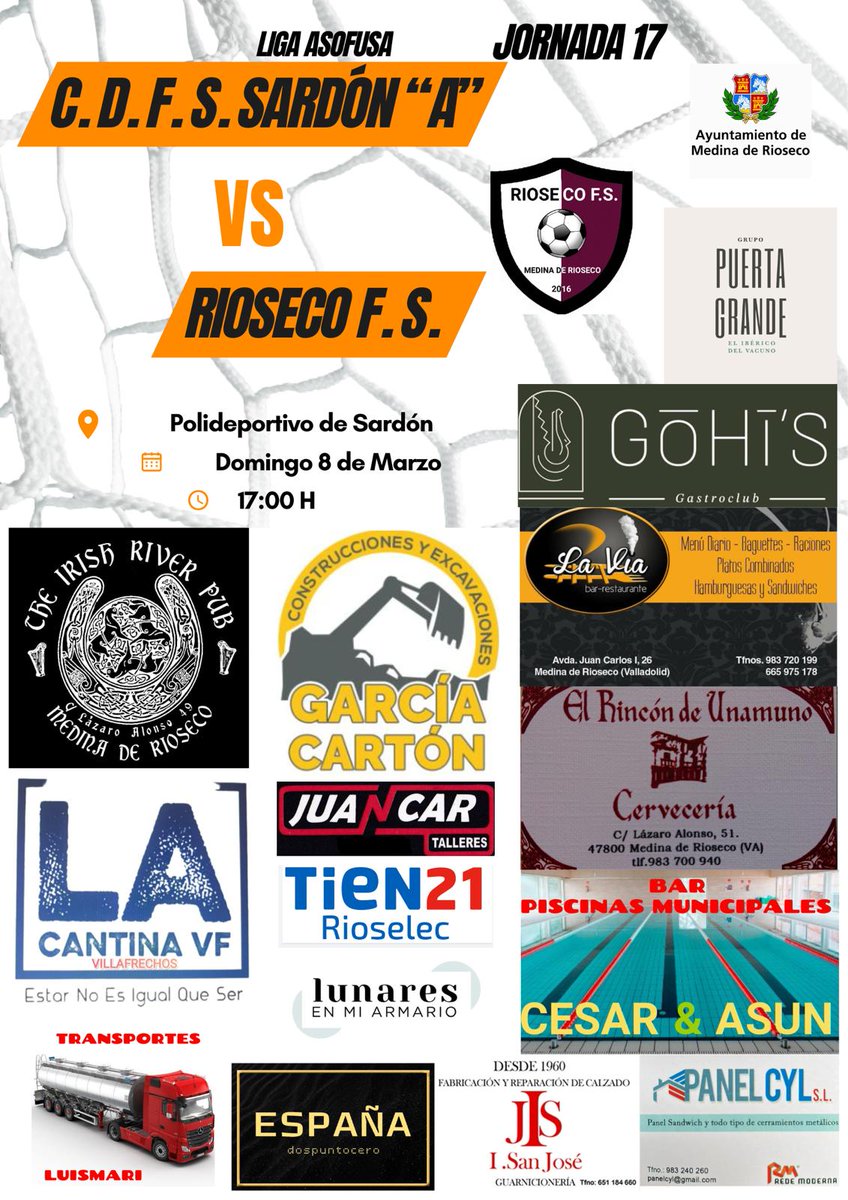 🏆 Jornada 17° LIGA ASOFUSA ORO-PLATA GRUPO II 

📆 Domingo 8 de Marzo a las 17 h

⚽ <a href="/RIOSECO_FS/">RIOSECO F.S.</a> 🆚 C.D.F.S.SARDÓN "A"

🏟️ Polideportivo Municipal de Sardón de Duero 

#VamosRiosecoFs