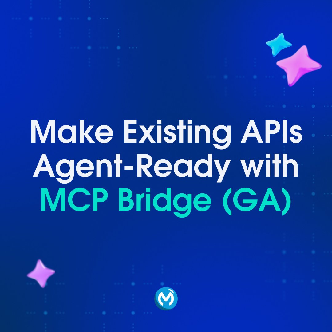MuleSoft's tweet photo. MCP Bridge is now GA!

Running on MuleSoft Flex Gateway, MCP Bridge lets agents access approved API operations through a standardized MCP interface while existing security policies, and observability stay intact. Get your APIs production agent-ready: https://t.co/iaU2Wmyuew https://t.co/Tup4yLLFV6