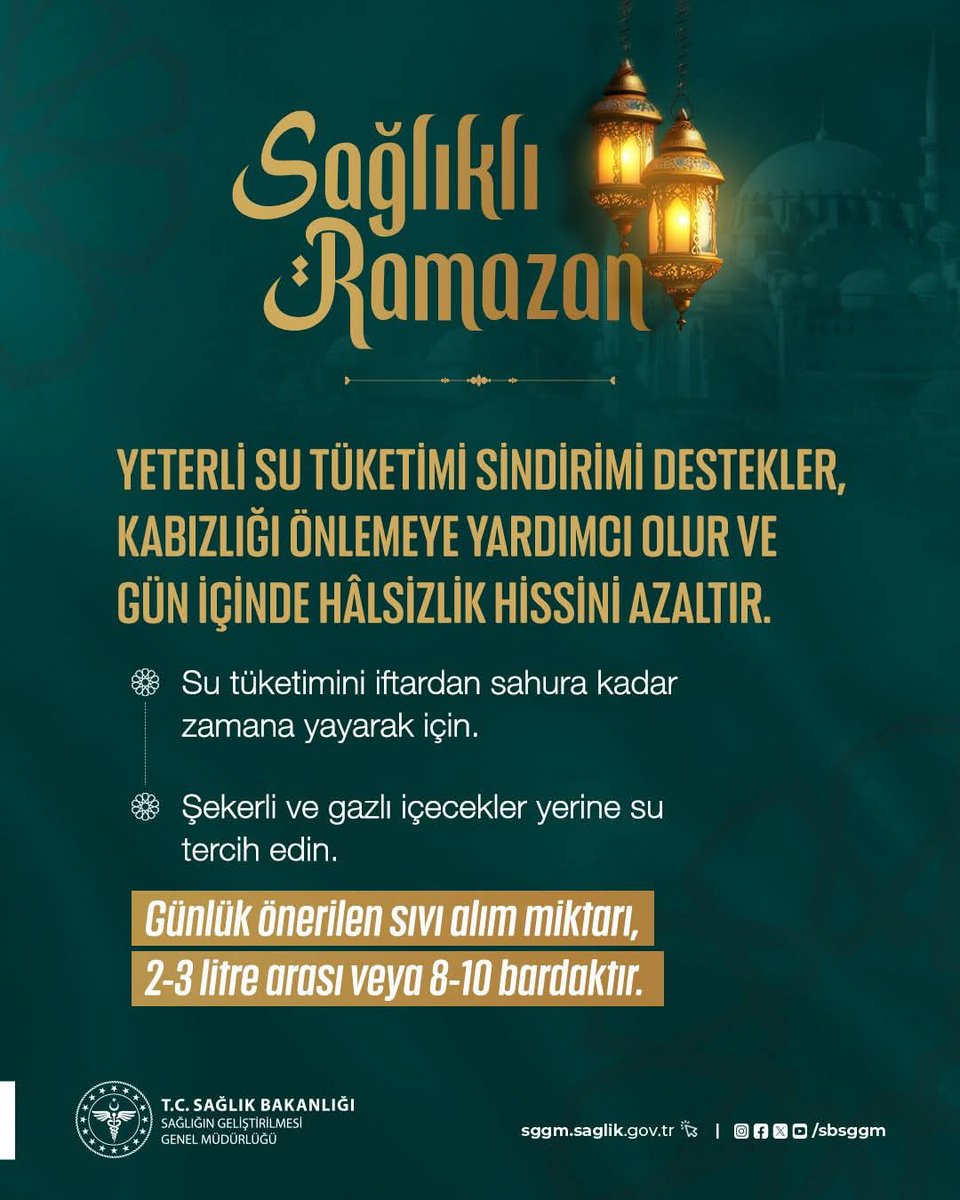 Ramazan ayında uzun süren açlık ve susuzluğun, vücudun sıvı dengesini olumsuz etkilememesi için iftar ile sahur arasında yeterli su tüketimine özen gösterin.

#SağlıklıTürkiyeYüzyılı
#SağlığıGeliştirenTürkiye
#SağlıklıRamazan
