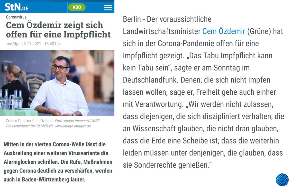 hori_____zont's tweet photo. Niemals vergessen >>>

Cem Özdemir:
„Das Tabu Impfpflicht kann kein Tabu sein.“

„Wir werden nicht zulassen, dass diejenigen, die sich diszipliniert verhalten, die an Wissenschaft glauben, die nicht dran glauben, dass die Erde eine Scheibe ist, dass die weiterhin leiden müssen unter denjenigen, die glauben, dass sie Sonderrechte genießen.“