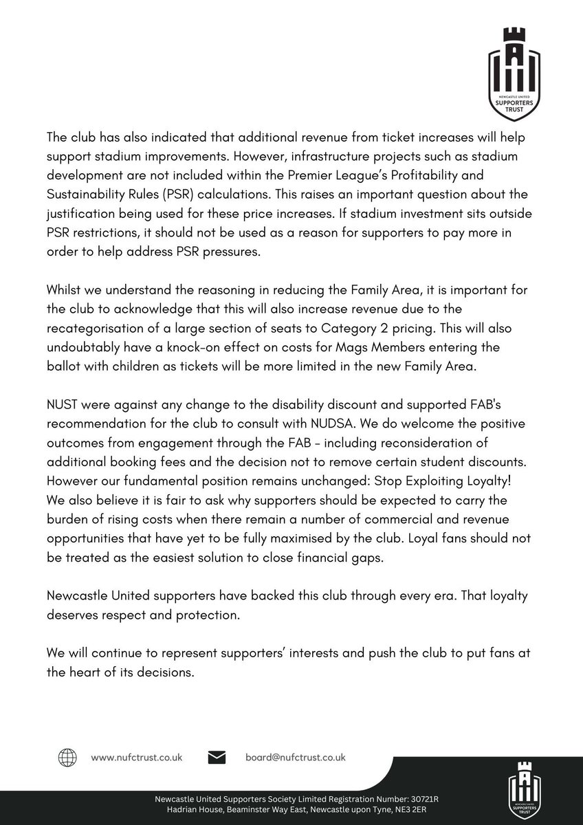 Please find below our statement following the clubs season ticket pricing announcement for the 26/27 season.  #NUFC
