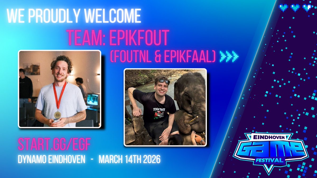 Our next team consists of two Dutch Melee veterans with a combined 20 years of experience. Their beautiful smiles will brighten up the venue on the 14th. We proudly welcome team EpikFout a.k.a. <a href="/Fout_NL/">Fout NL</a>  &amp; <a href="/epikfaal/">huub</a>  to Eindhoven Game Festival!

📅14 March 2026
🎮SSBM, SSBB,