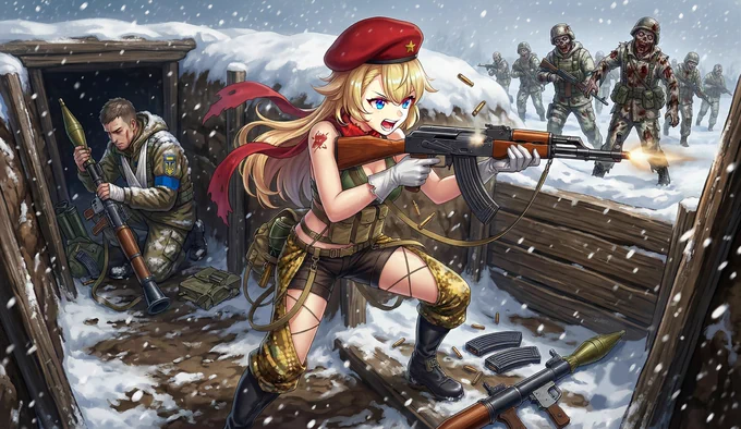 ドールズフロントライン AK47 『敵襲』 元ネタはウクライナ兵が押し寄せるロシア兵相手に塹壕から銃を撃ちまくってる映像 負傷した仲間が銃とかに弾を込めつつ、自分は反撃してたのが印象的