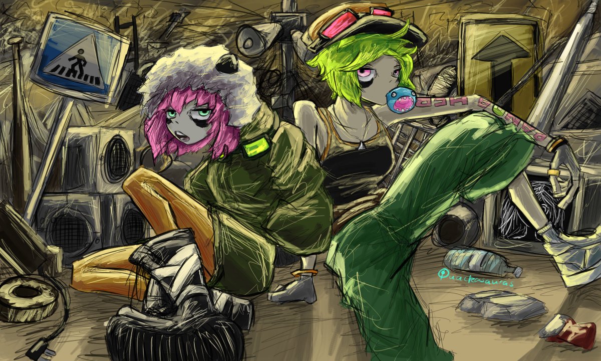 quackasauras's tweet photo. I'm kinda digging a more cluttery style now
#pandahero #hachi #vocaloid #GUMI https://t.co/fNilc85tni
