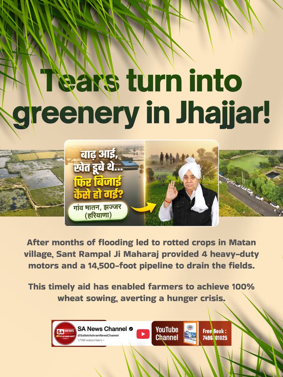 Badal310596's tweet photo. Where 500 acres of land had become 'sea' for 10 years, today wheat crop worth ₹25 million is flourishing with the help of 10,000 feet pipes and powerful motors. This is not just relief,but a new lease of life for the bereaved families. #किसान_मसीहा_संतरामपालजी SA News Channel YT https://t.co/QhrNoTzu2K