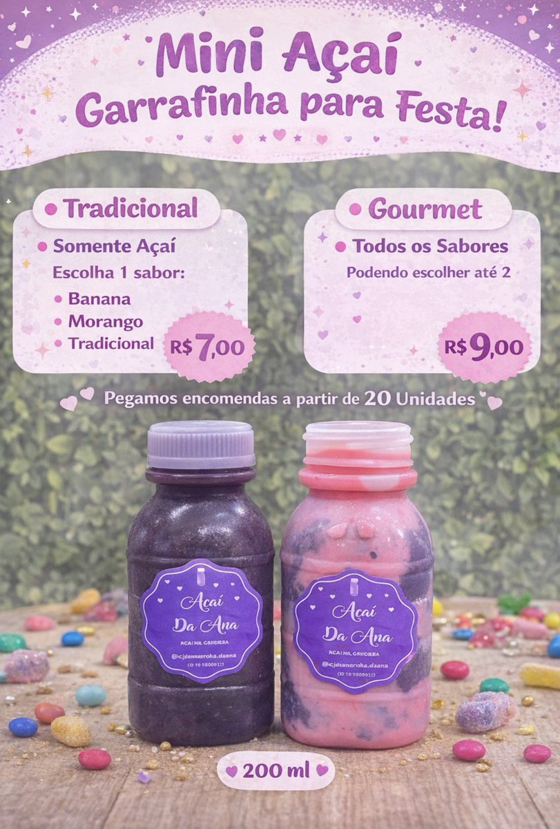 🎉✨ Novidade na área! ✨🎉

Vocês pediram e nós atendemos! 😍

Agora temos Mini Açaí na Garrafinha (200ml) perfeito para festas, eventos e lembrancinhas. 🥳🍓🍌

(21) 976090112 - 📍 Vila Isabel