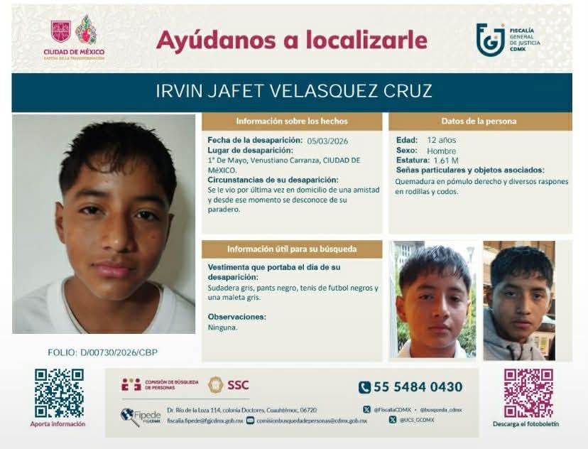 A_VCarranza's tweet photo. 📢#Atención | Ayúdanos a localizar a Irvin Jafet Velasquez Cruz de 12 años de edad, quien fue visto en la colonia 1⁰ de mayo. 

Tu información es importante para que pueda regresar a casa.

#VCarranza #CDMX https://t.co/OeDp2OWzhu