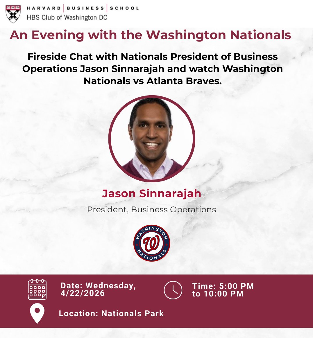 HBSClubDC's tweet photo. Join the HBS Club of DC on Wed, April 22 for a fireside chat, networking &amp; a game with Washington @Nationals  President of Business Operations, @jasonsinnarajah . Hear about the franchise's transformation &amp; next chapter! https://t.co/0QArmG7BYD https://t.co/4fmJQLyjxe