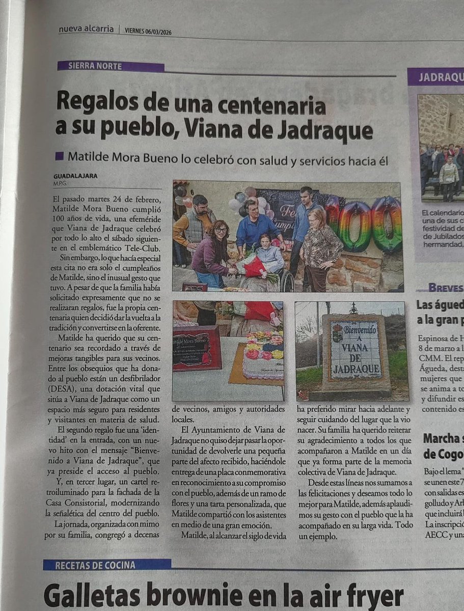 🫂 Gracias a @nuevaalcarria "El Periódico de la Provincia" por hacerse eco de los 💯 años de nuestra querida Matilde 🫶
#VianadeJadraque