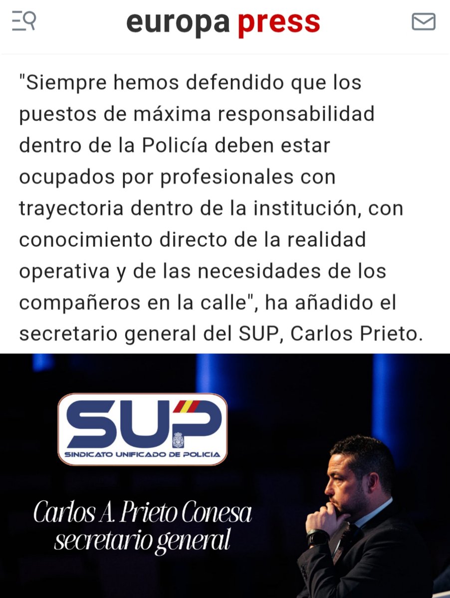 Sup_Policia's tweet photo. Carlos Prieto, secretario general del @Sup_Policia sobre el nombramiento del nuevo DAO: "Siempre hemos defendido que los puestos de máxima responsabilidad dentro de la Policía deben estar ocupados por profesionales con trayectoria dentro de la institución, con conocimiento directo de la realidad operativa y de las necesidades de los compañeros en la calle"
https://t.co/Jd5WMeiW1c