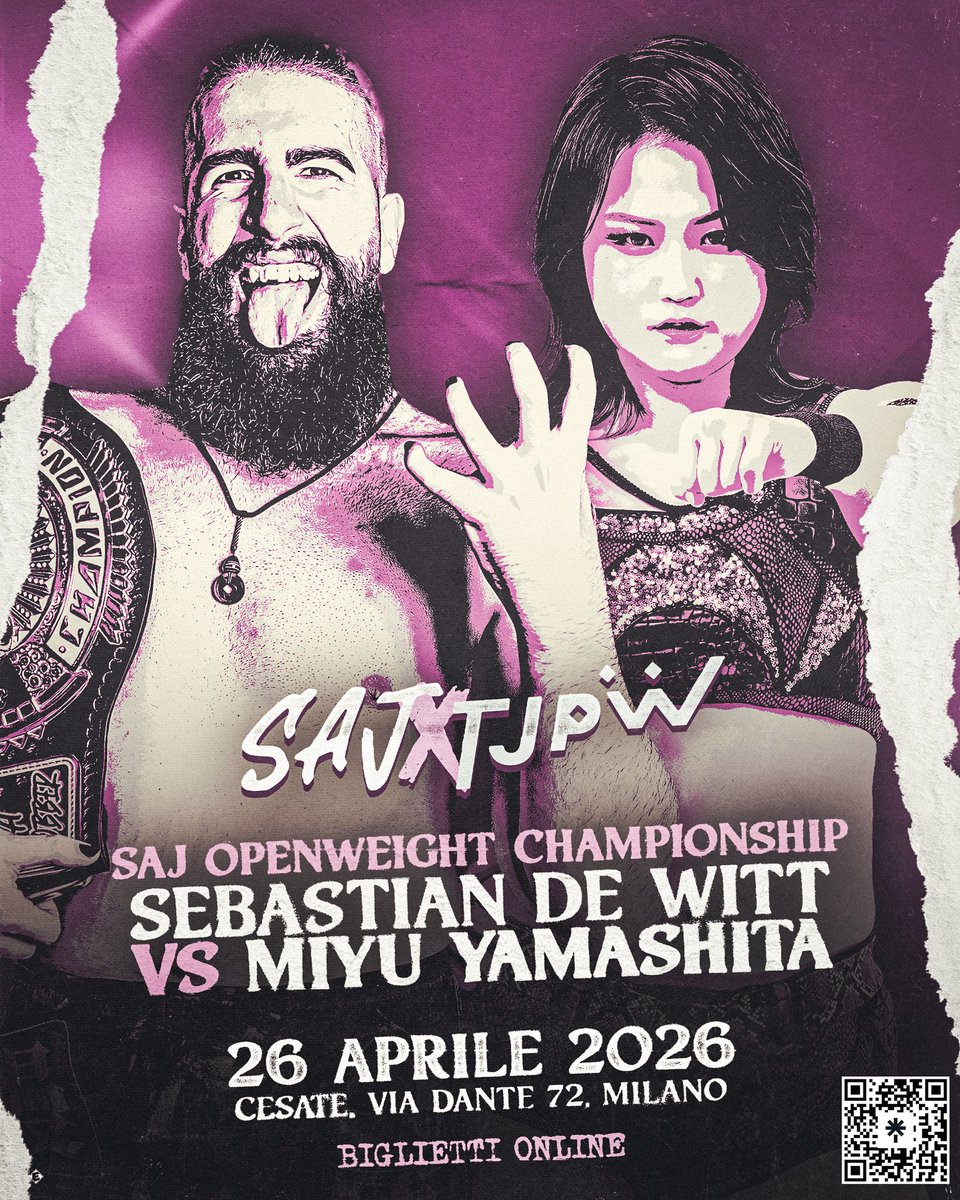 SAJWrestling's tweet photo. ⚔️ SAJ OPENWEIGHT CHAMPIONSHP SEBASTIAN DE WITT VS MIYU YAMASHITA

🎫 https://t.co/WbUdknIdiK

🤝 SAJ X TJPW| 26 APRILE 2026 ALLE 15| SPORTING CESATE VIA DANTE 72, CESATE (MILANO) https://t.co/IUIK1zjqFK
