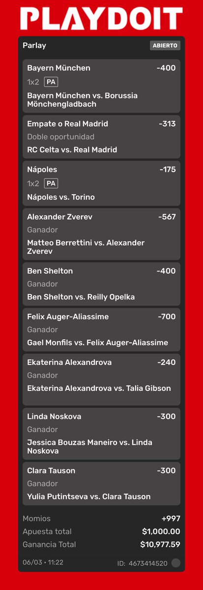 Na más por que me caen supeeeeer verga les voy a dar los 2 🥵🥵🥵

Primero parlay full ratonero con $1000 vamos por $10000 y el reto otros 10 jalan o que pinche pedo 🤑🤑🤑