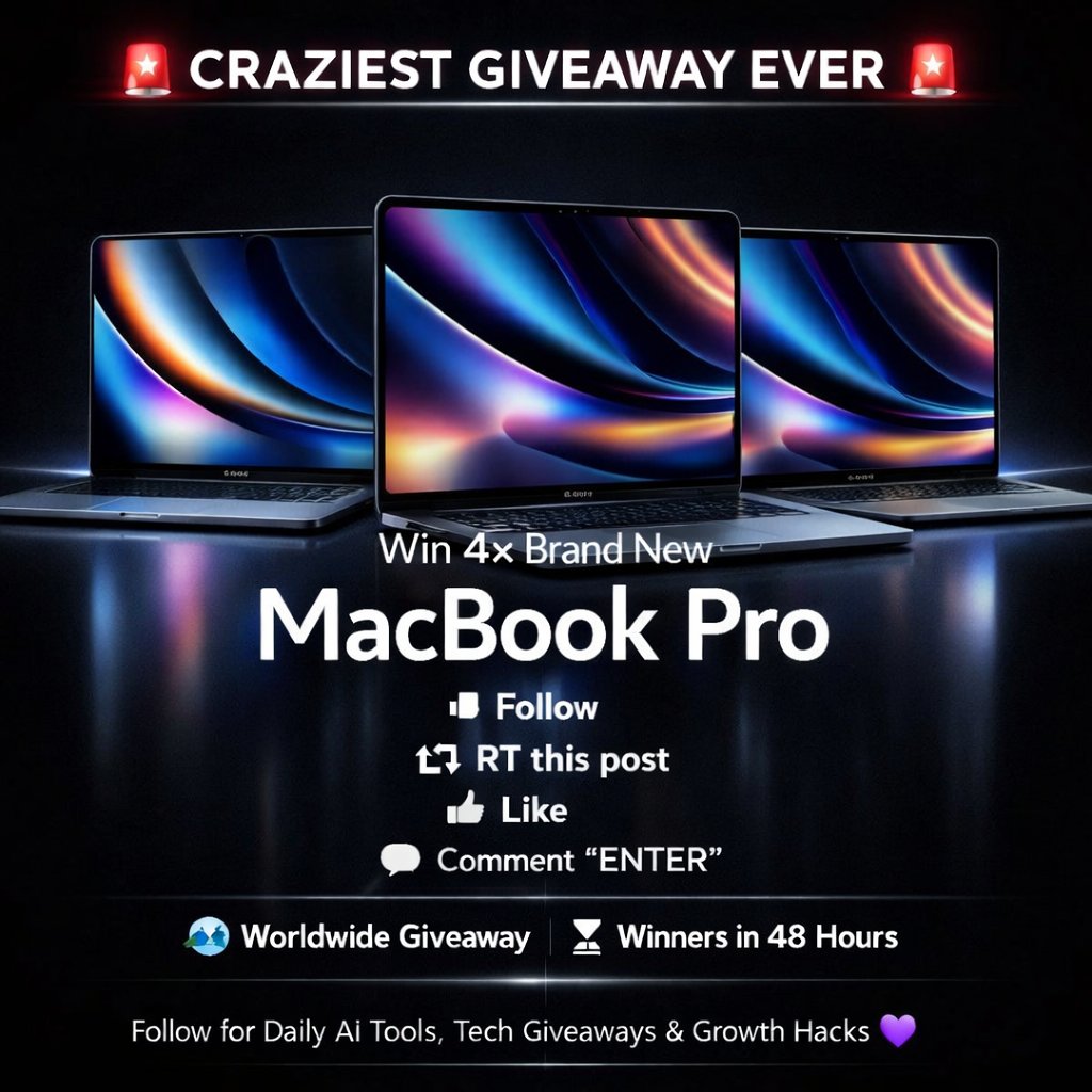 Dharmikpawar31's tweet image. 🚨THIS IS NOT A NORMAL GIVEAWAY🚨

We’re giving away 4× Brand Macbook pro 📱

Yes, FOUR winners. Worldwide. 🌍

Here’s how to enter:
✅ Follow the page
🔁 Repost this
❤️ Like this post
💬 Comment ENTER

⏳ Winners announced in 48 hours

If you love AI tools, tech updates &amp;amp; growth