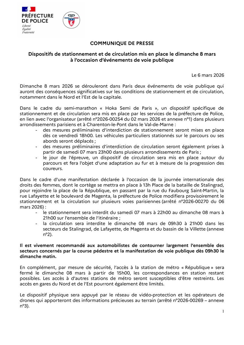 Dispositifs de circulation et de stationnement mis en place à Paris le 8 mars
