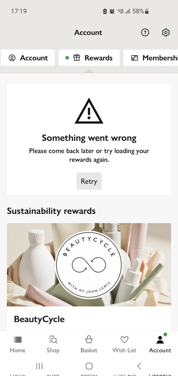 mb20nut's tweet photo. @JohnLewisRetail There seems to be an issue with viewing rewards on the app. Had this message for 3 weeks now and no sign of it changing even after updating the app. https://t.co/TCSXEIQbqn