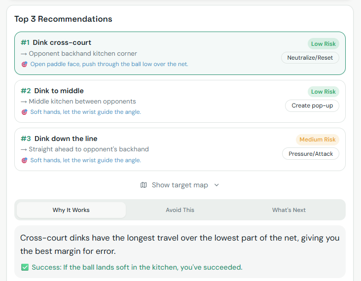 Pickleball friends! I just built my very first web app ever: the Pickleball Shot Strategist! You tell it your exact situation (shot coming in, your position, opponents, etc.) and it instantly gives you the smartest doubles recommendation with risk level, execution tips, court