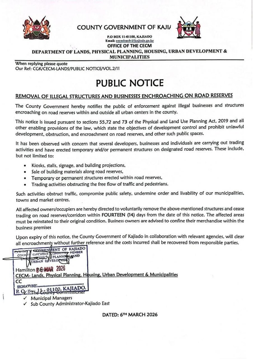 PUBLIC NOTICE

REMOVAL OF ILLEGAL STRUCTURES AND BUSINESSES ENCHROACHING ON ROAD RESERVES