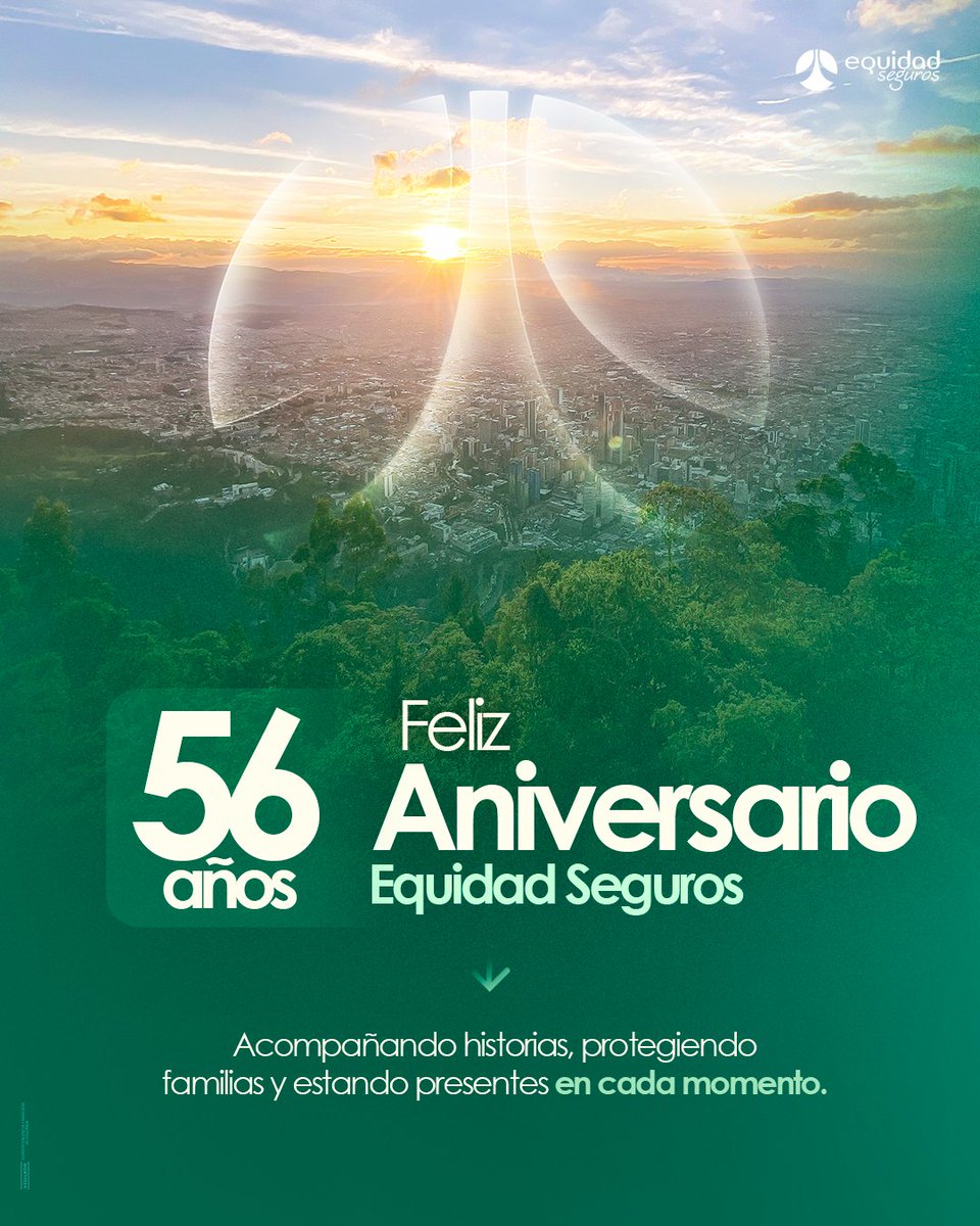 SegurosEquidad's tweet photo. Hoy celebramos 56 años acompañando a los Colombianos, protegiendo lo que más importa y evolucionando para estar cada vez más cerca.
Gracias por confiar en nosotros y por permitirnos ser parte de tu historia. 💚
#56AñosEquidad #SoyEquidad https://t.co/VSKQHWoMIf