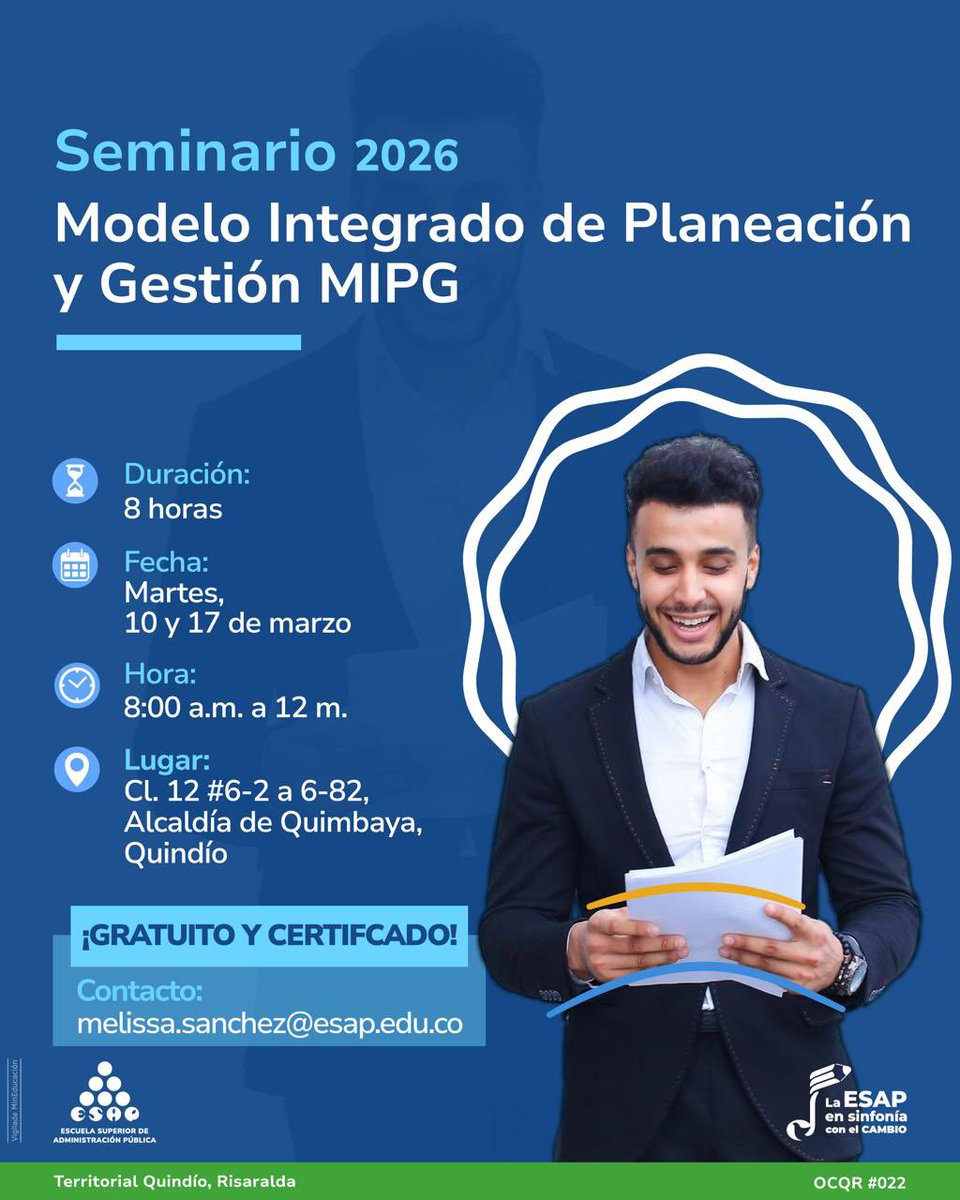 casaquindio's tweet image. #FormaciónPública 📚 | Desde @casaquindio invitamos participar Seminario 2026: Modelo Integrado de Planeación y Gestión – #MIPG de la @ESAPOficial.

📅 10 y 17 marzo
⏰ 8:00 a.m. – 12:00 m.
📍 Alcaldía Quimbaya
✅ Gratuito y certificado

Inscripciones 👇
sirecec4.esap.edu.co/inscripcion/11…