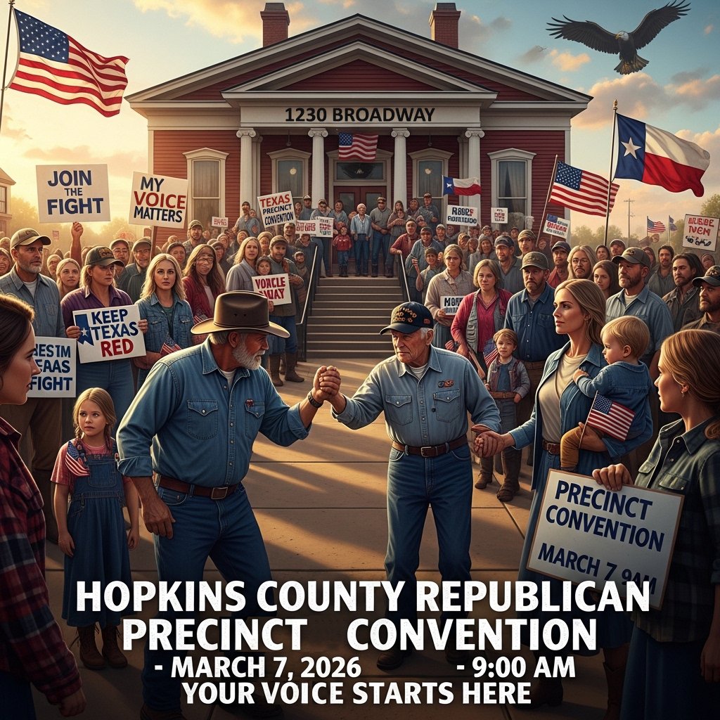 hcgop's tweet photo. Hopkins County Patriots! Your voice starts HERE. Join us TOMORROW: Hopkins County Republican Precinct ConventionSaturday, March 7, 2026 • 9:00 AM 1230 Broadway, Sulphur Springs, TX
Elect delegates, shape the platform, keep Texas RED! No experience needed—just show up. 🇺🇸 https://t.co/CxQODIkQcH
#HopkinsGOP #TexasStrong #MAGA #PrecinctConvention #JoinTheFight