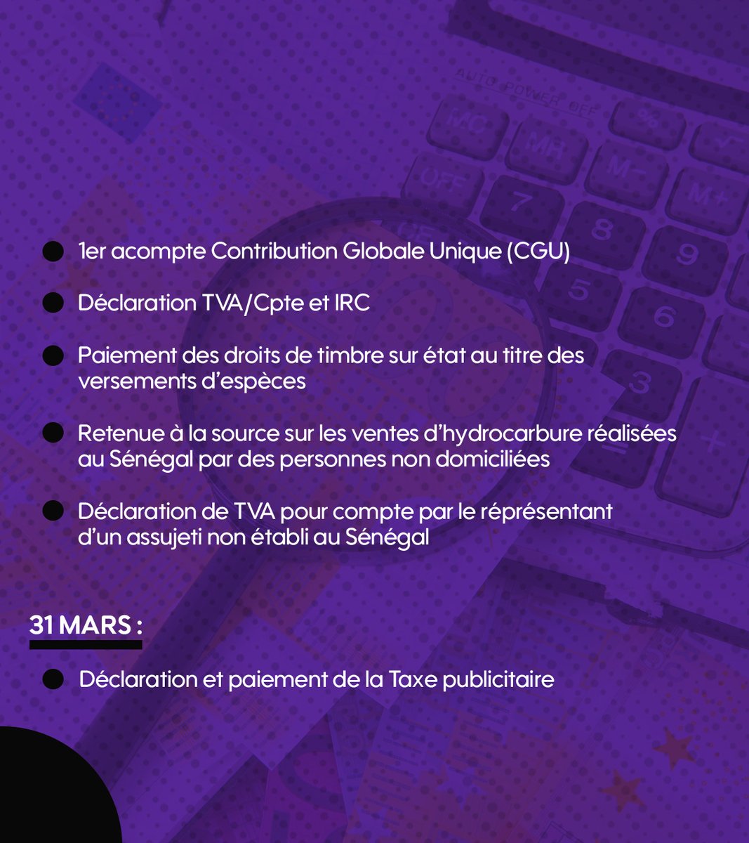 GT_Senegal's tweet photo. 🇸🇳 Rendez-vous fiscal mensuel : découvrez les échéances fiscales de mars 2026 et anticipez vos obligations. 

Notre expertise vous accompagne pour une gestion optimale. 
#GrantThornton #Senegal #ExpertiseFiscale #Conformité #ConseilEntreprises #Fiscalité https://t.co/tH1ggkftFg