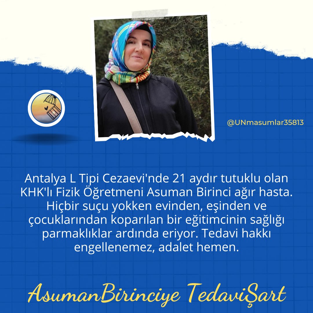 Hasta tutuklu Asuman Birinci, kanunen suç olmayan gerekçelerle 21 aydır cezaevinde. Ciddi kansızlık ve düşük kan değerleri nedeniyle yaşam mücadelesi veriyor. Doktorlar acil ameliyat gerektiğini söylüyor.

AsumanBirinciye TedaviŞart <a href="/nibenka/">Nihal Bengisu Karaca</a>