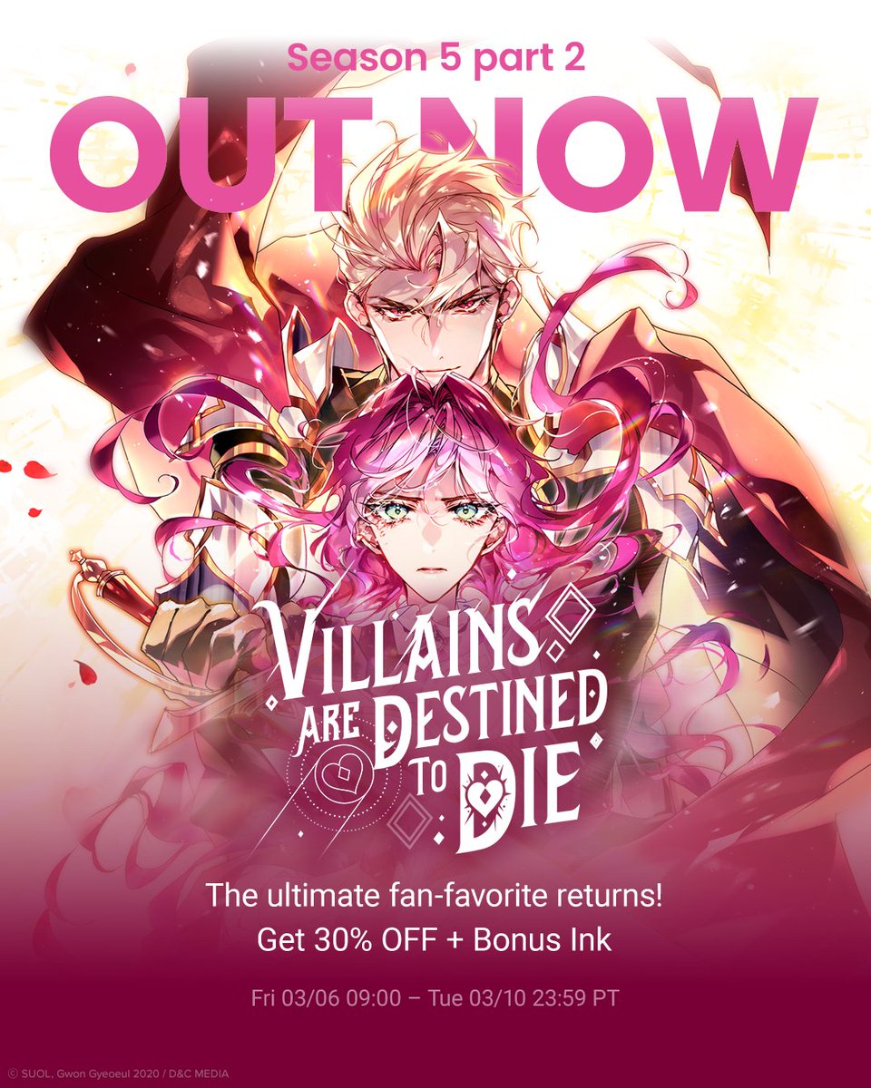 tapas_app's tweet photo. The wait is over! Villains Are Destined to Die returns with part 2 of season 5.
⏳ From 03/06 09:00 PT - 03/10 23:59 PT ✒️❤️🔥
Catch up on the latest chapters at 30% off and earn up to 1,800 bonus ink.👀📲✨
#readontapas #tapasapp #manhwaupdate #villainsaredestinedtodie https://t.co/7NhnfDnMWz