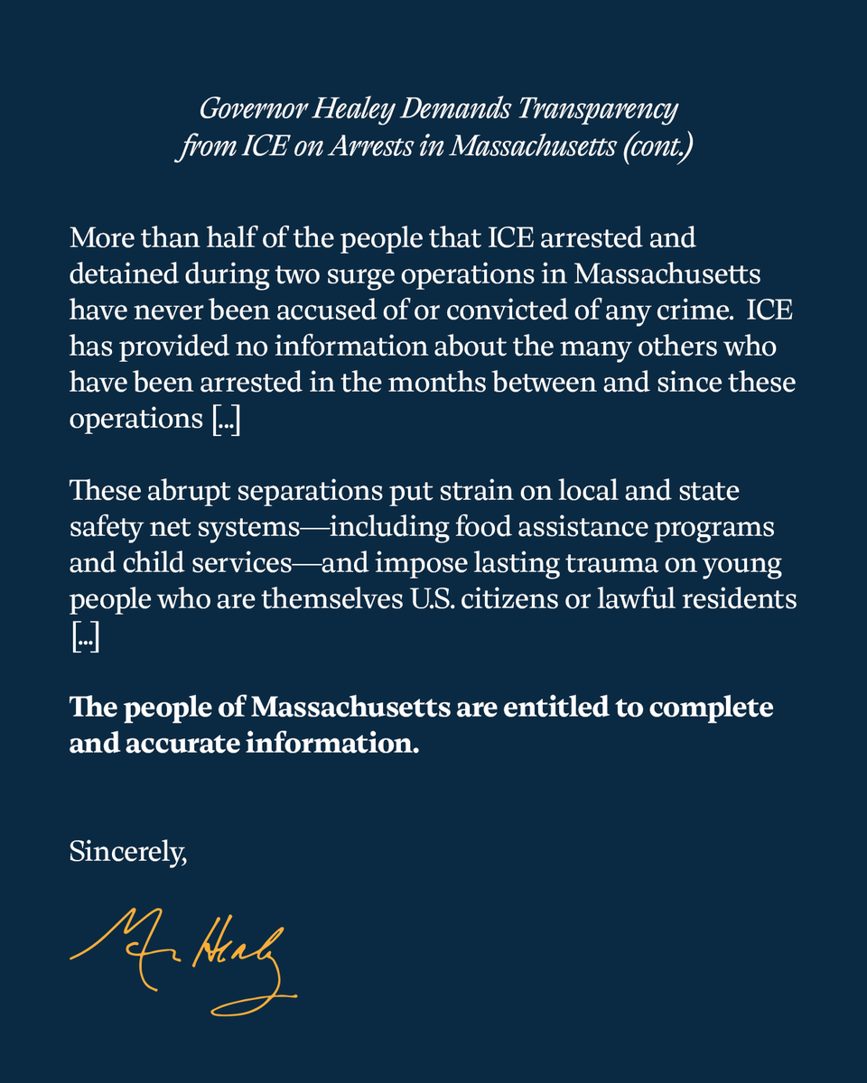 MassGovernor's tweet photo. ICE isn’t arresting the “worst of the worst.” By their own numbers, most have no criminal history whatsoever.

Tearing people away from their families and lawyers doesn’t make us safer — especially when we don't know who's being detained or why.

Massachusetts deserves answers. https://t.co/v2fPxdsKYS
