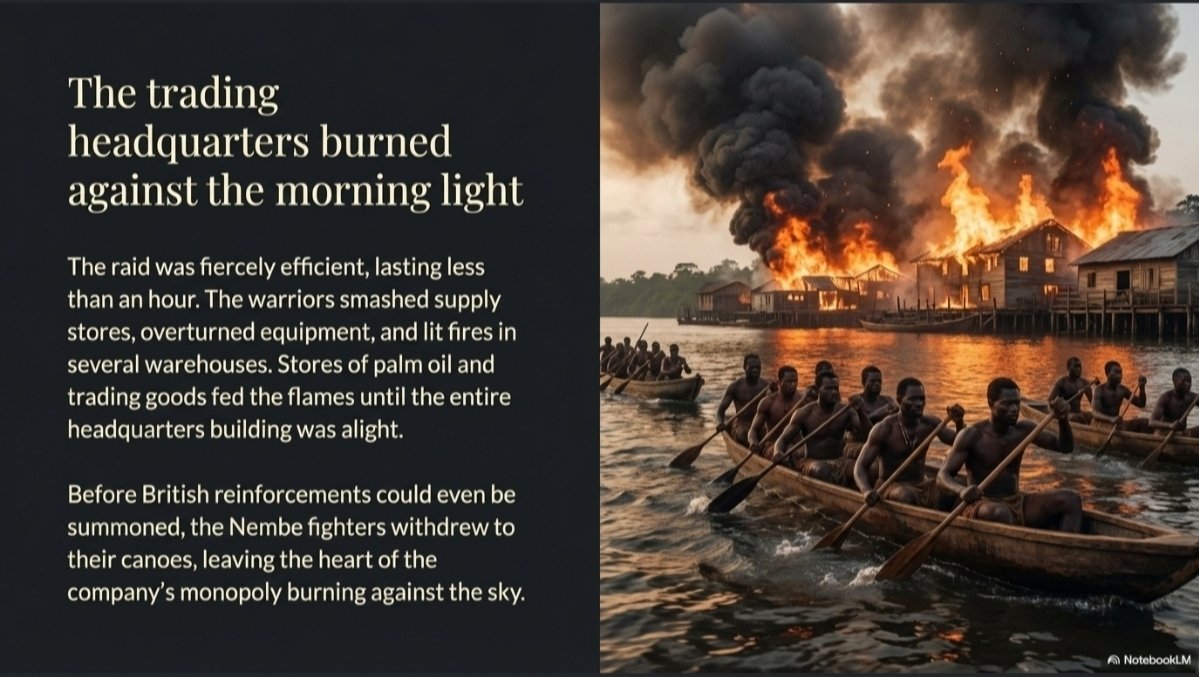 FictionXHistory's tweet photo. By 1895 the #RoyalNigerCompany had imposed a harsh monopoly over trade, fixing prices &amp; blocking local merchants. King Koko of Nembe gathered chiefs &amp; war leaders &amp; resolved to strike the company base at Akassa.
Before dawn, long war canoes slipped through the mangrove creeks. https://t.co/IKIru2nthv
