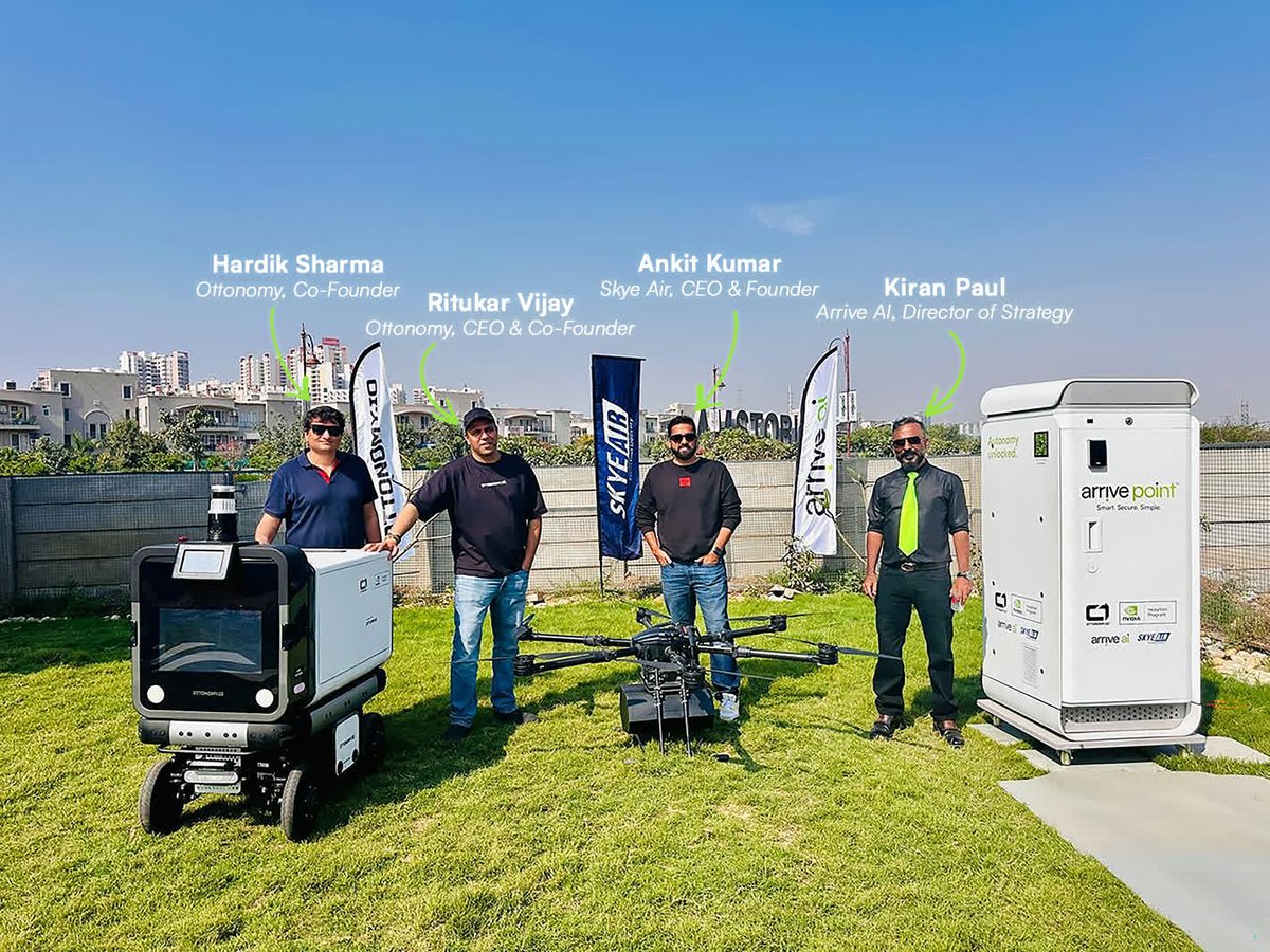 arrive_ai's tweet image. The Arrive Point™ is crossing continents.

Our Director of Strategy, Kiran Paul, is on the ground in India 🇮🇳 expanding our network with Skye Air Mobility &amp;amp; Ottonomy IO.

AI-powered delivery. Worldwide. 🚁

Visit our site ➡️ bit.ly/4l9Q05x

#ArriveAI #AutonomousDelivery