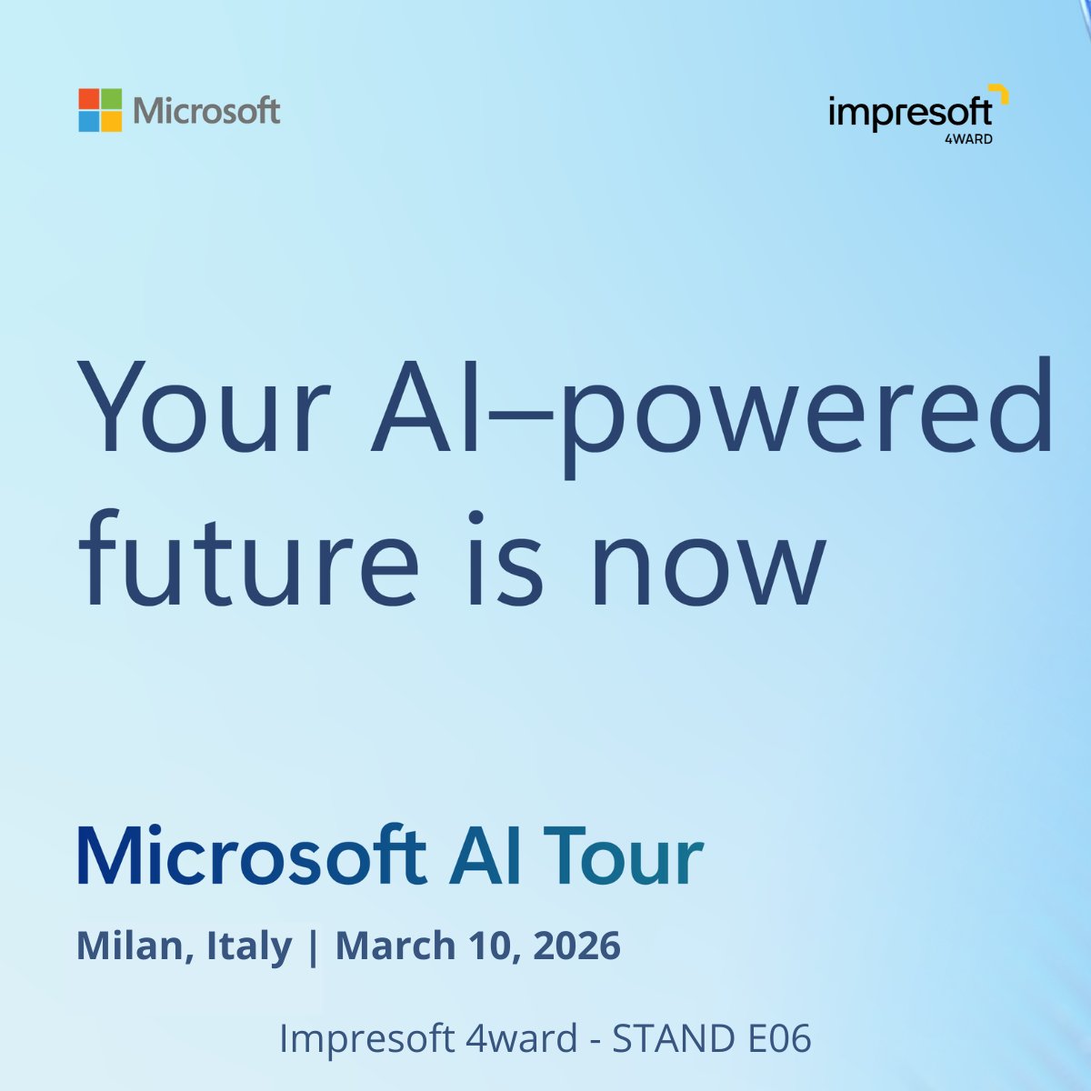 #Impresoft4ward parteciperà al 𝐌𝐢𝐜𝐫𝐨𝐬𝐨𝐟𝐭 𝐀𝐈 𝐓𝐨𝐮𝐫 in qualità di 𝐞𝐱𝐡𝐢𝐛𝐢𝐭𝐨𝐫!

Al nostro stand, non troverai demo teoriche, ma soluzioni AI fin da subito utilizzabili e personalizzabili per la tua azienda.

Ti aspettiamo allo stand E06!
eu1.hubs.ly/H0sqmm50
