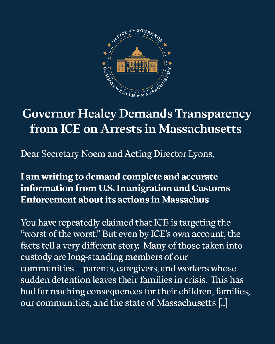 MassGovernor's tweet photo. ICE isn’t arresting the “worst of the worst.” By their own numbers, most have no criminal history whatsoever.

Tearing people away from their families and lawyers doesn’t make us safer — especially when we don't know who's being detained or why.

Massachusetts deserves answers. https://t.co/v2fPxdsKYS