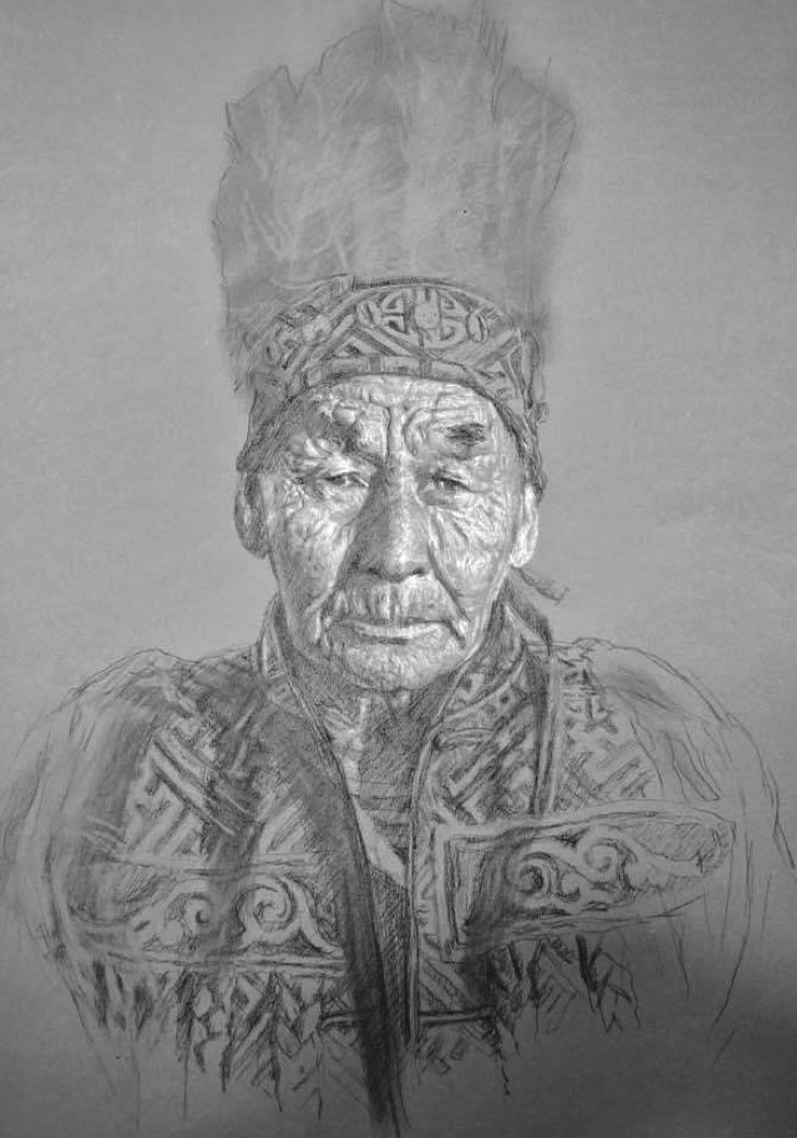 Tuvan Shaman (2024) 
black and white conte pencils on toned paper, 20”x 26”